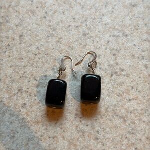 Square Onyx Block Earrings on Silver Euro wire.